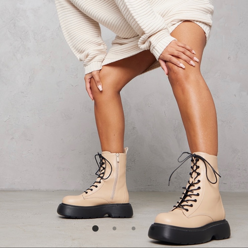 Cream and Black Lace Up Combat Boots